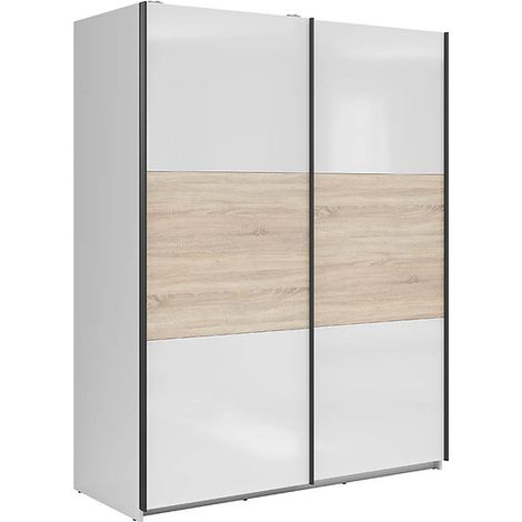 Armoire à 2 portes coulissante coloris Blanc brillant/Chêne sonoma - Longueur 153,5 x Profondeur 60 x Hauteur 195,5 cm (1/4)