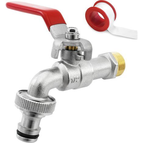 Grifo de latón de 1/2" de alta calidad, resistente al óxido y a las heladas + accesorios de manguera gratuitos + libro electrónico para jardín, lavadora, bidón de agua de lluvia (1/5)