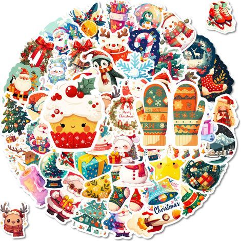 100 autocollants de Noël à motifs : bonnets de Père Noël et rennes – Autocollants décoratifs à faire soi-même pour cahiers, réfrigérateurs, valises – Cadeaux de Noël imperméables (1/5)