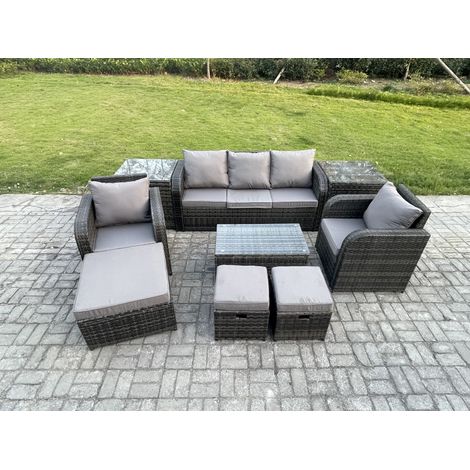 Fimous Salon de jardin avec Table basse rectangulaire 3 Tabourets Canapé 3 places 2 Tables d'appoint Gris foncé mixte (1/5)