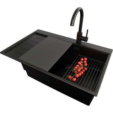 PRIMAGRAN Evier Cuisine en Granit 78x50cm,Lavabo 1 bac + Robinet 32x20cm + Kit de Vidage + Accessoires, Évier à Encastrer au meuble 60cm - Sydney, Tout Noir