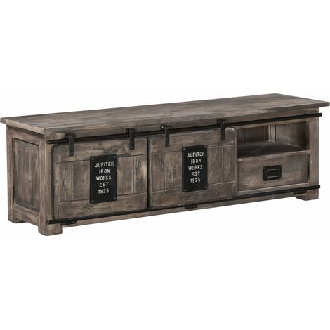 Massivmoebel24 – Meuble TV 160x45 en manguier laqué gris – Style industriel RAILWAY – Ambiance vintage avec éléments en métal – Pour salon moderne (1/3)