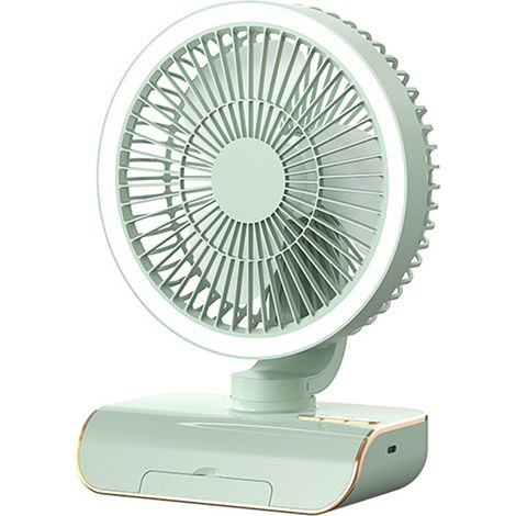Ventilador de escritorio multifuncional recargable por USB, automático, con luz ambiental, 5 velocidades, control remoto y base que puede usarse como soporte para teléfono móvil. Verde.