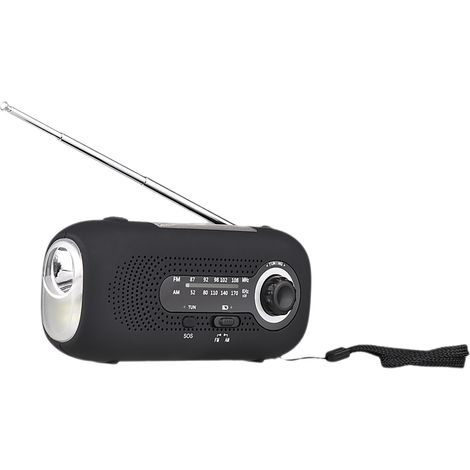 Radio solaire à manivelle avec alarme SOS, radio AM/FM d'urgence, batterie rechargeable, 4 modes, lampe torche, prise casque et port USB pour le camping et la randonnée. (1/5)