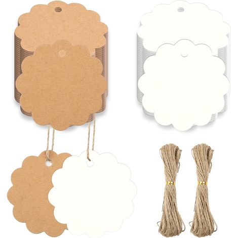 Lntyq Packung mit 200 Geschenkanhängern aus Kraftpapier – 6 cm – Runde Geschenkanhänger mit 40 m Schnur – Anhänger zum Aufhängen für DIY-Geschenke, Hochzeiten, handgefertigte Artikel (weiß braun)