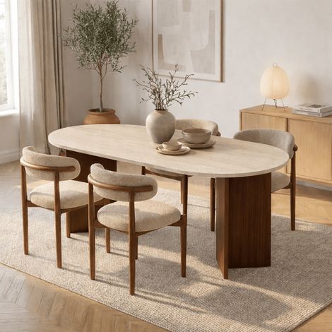 Ovaler Esstisch mit Travertinplatte – Walnuss-Melamin – 180 x