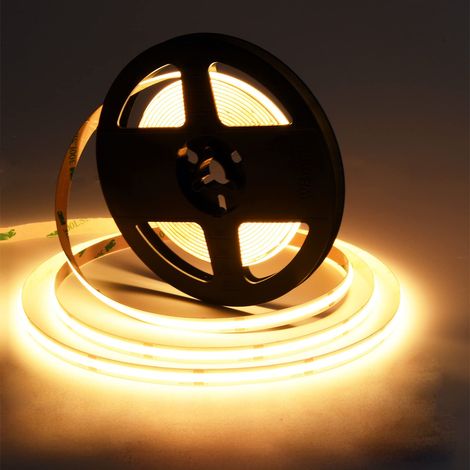 Ruban LED COB 5 m, 24 V, blanc chaud, 2700 K, 480 LEDs/m CRI90 + haute densité de lumière uniforme, bandes LED COB pour la maison et la cuisine, projets d'éclairage intérieur de bricolage (source de (1/5)
