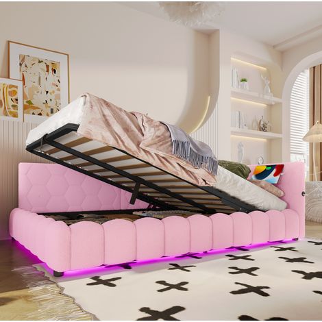 Letto a cassone adulti 140x200 cm con illuminazione LED, porta USB-Type-C, rete a doghe, in velluto, senza fondo, senza materasso, rosa (1/5)