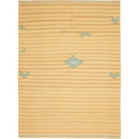 Tapis kilim 177 x 239 cm, motif géométrique, jaune, beige et vert, en laine naturelle, fabriqué en Iran (1/5)