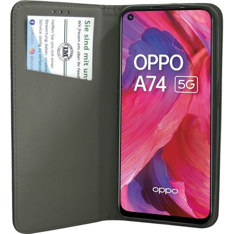 cofi1453® Buch Tasche "Smart" kompatibel mit Oppo A74 5G Handy Hülle Etui Brieftasche Schutzhülle mit Standfunktion, Kartenfach Schwarz (1/5)