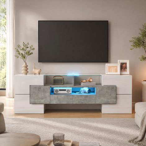 Mueble TV lowboard de 145 cm con LED, blanco alto brillo y efecto hormigón HAVRYA (1/5)