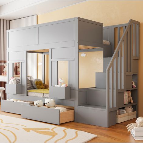 Hochbett Holz Grau 90x200 cm mit Stauraumtreppe, 2 Schubladen und Fensterausschnitten (1/5)
