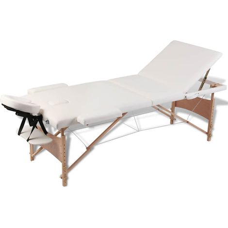Table de massage pliable 3 zones, cadre en bois, blanc crème, 186 x 68 cm avec sac - PANGIVO (1/5)