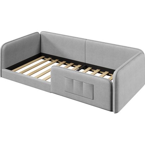 Lit plateforme 90x200 cm gris en MDF et lin, rembourrage en mousse, rangement latéral (1/5)