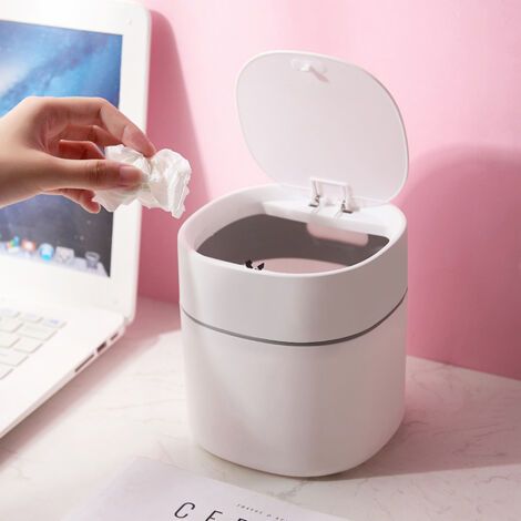 Mini poubelle de bureau - Poubelle de bureau - Poubelle de bureau en plastique créative avec couvercle à bouton - Petite poubelle de bureau à domicile pour bureau, salle de bain, bureau de cuis (1/5)