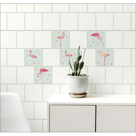 Sticker carrelage adhésif décoratif x6, 15 cm X 15 cm, autocollant flamants roses sur tons verts très chic et tendance. (1/3)