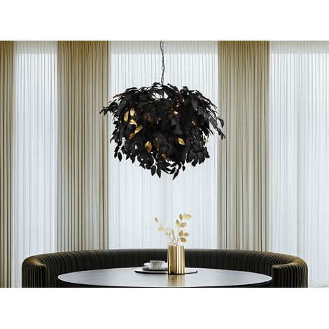 Große Pendelleuchte LEAVY mit Blätter Lampenschirm Schwarz Gold, Ø 70cm (1/5)