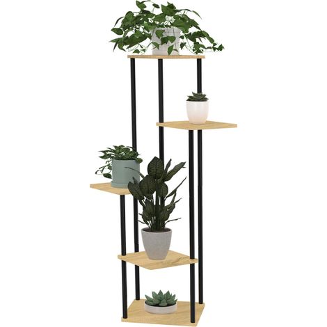 Idmarket – Etagère à pots de fleurs 5 niveaux – Support en métal noir et MDF bois clair – Dimensions 60x60x106 cm – Pour décoration intérieure