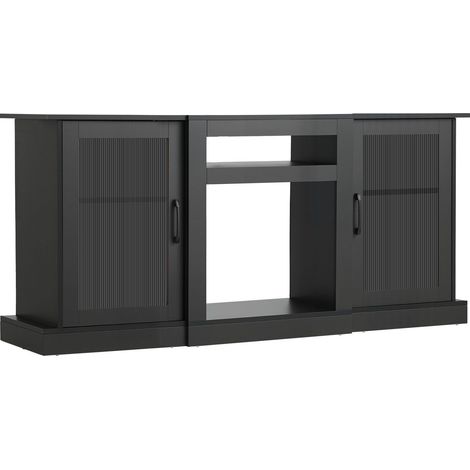 Meuble TV pour téléviseurs jusqu'à 1651 mm, centre multimédia moderne avec bande lumineuse, meuble de rangement en bois avec portes vitrées et étagères réglables, console pour salon et chambre, noir (1/5)