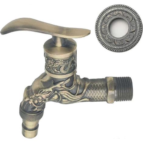 Robinet de jardin en alliage de bronze antique avec motif de coq et de dragon sculpté - Robinet d'extérieur résistant à la rouille pour salle de bain, balcon et piscine (1/5)