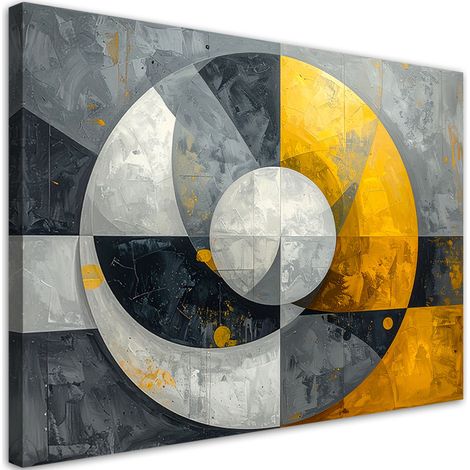 Quadro su tela, Astrazione geometrica composta da cerchi nelle tonalità del grigio e dell'oro. - 120x80 (1/2)