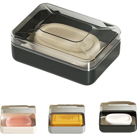 Jabonera de doble capa, impermeable con tapa, para uso doméstico, en el baño, de viaje o de camping (negra).