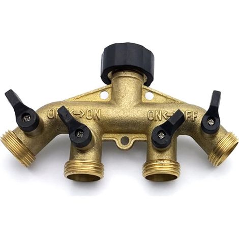 Séparateur de tuyau en laiton à 4 voies, collecteur de robinet de tuyau en laiton de 3/4 pouces, séparateur de robinet de connecteur de tuyau de jardin, laiton solide-jaune (1/5)