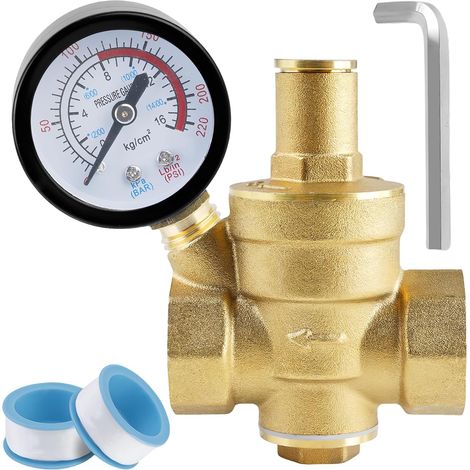 Water Pressure Reducer 3/4" DN20, Brass Water Pressure Reducer with Pressure Gauge and Adjusting Tools, Adjustable Water Pressure Reducer, 1.6MPA Water Pressure Regulator for Water (1/5)