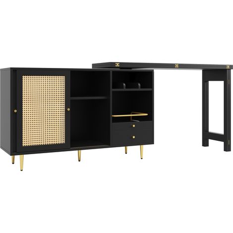 Mesa bar giratoria 360° extensible con aparador de MDF y puertas efecto ratán HOMVRA (1/5)