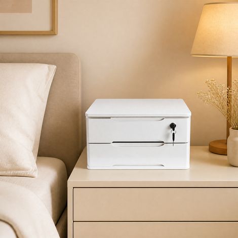 【Maison connectée】Armoire de Rangement à 2 tiroirs en Bois, avec Serrure et 2 Clés, Organiseur de Multifonction pour la maison et le bureau – Blanc (1/5)