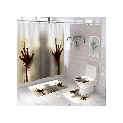 Halloween-Duschvorhang-Set mit blutigen Handabdrücken, Halloween-Badezimmerdeko-Set 180 cm x 180 cm - Duschvorhang mit Matte, WC-Deckelbezug, Badematte -