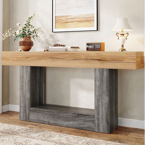 Consolle stretta effetto legno bicolore 160 x 30 x 82,5 cm con ripiano inferiore (1/5)