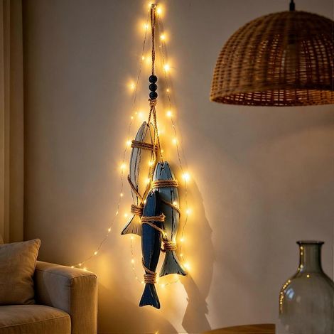 Décoration murale lumineuse en bois motifs étoiles de mer et poissons style côtier méditerranéen éclairage LED blanc chaud (1/5)