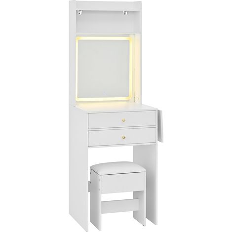 Coiffeuse compacte blanche avec éclairage LED réglable, 2 tiroirs, 2 étagères ouvertes et tabouret (1/5)