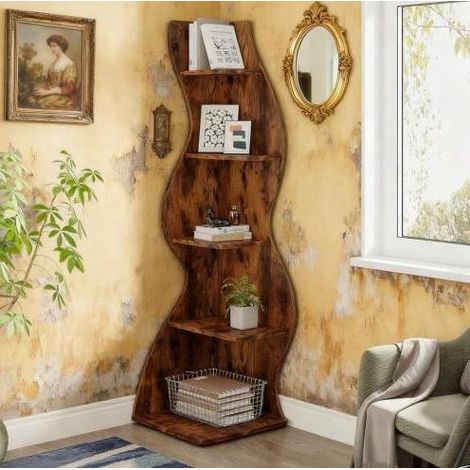 Scaffale angolare a 5 livelli, libreria da parete 50 x 50 x 182,5 cm marrone HAVRYA (1/5)