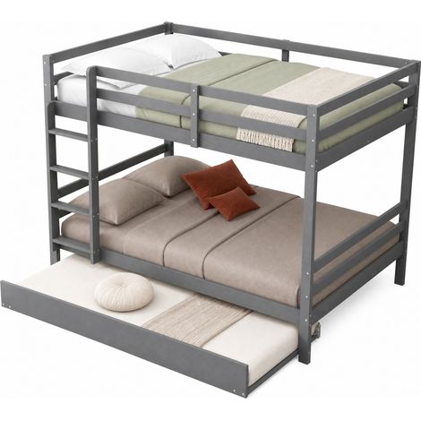 Lit superposé 140x200 avec lit gigogne, échelle stable, garde-corps hauts, en bois de pin et MDF, gris - CHICFURN (1/5)