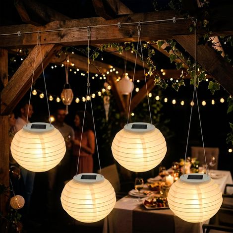 LED Solar Lampion rund 12 cm aus Nylon - 4er Set - Garten Deko Beleuchtung warm weiß - Solarleuchte Laterne Leuchtkugel