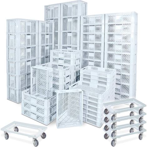 BRB 78 Stück Stapelkörbe/Bäckerkästen in 5 Größen, Grundmaß LxB 600x400 mm, H 90 mm, 150 mm, 240 mm, 320 mm, 410 mm, weiß + 5x Transportroller, weiß