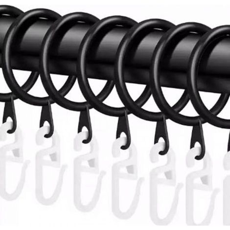 Lot de 100 anneaux de rideau ronds en plastique silencieux avec 100 crochets, anneau de tringle à rideau noir de diamètre intérieur 30 mm, adapté à la tringle à rideau de douche de fenêtre