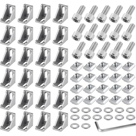 Kit de fixation pour cornières en aluminium (24 pièces, connecteurs d'angle 40x40 mm), équerres, supports muraux, grille d'angle à 90° pour profilés de support, imprimantes 3D, fraiseuses CNC, projets