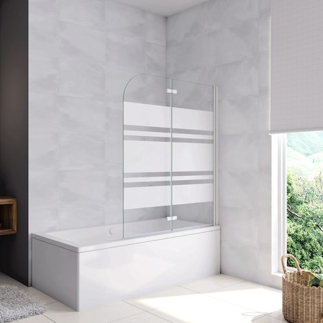 110x140 cm Sopravasca Parete Vasca da Bagno Due Ante Movibili Verso Destro Vetro 6 mm Temperato Anticalcare Fascie Centrali in Serigrafato Bianco Opaco