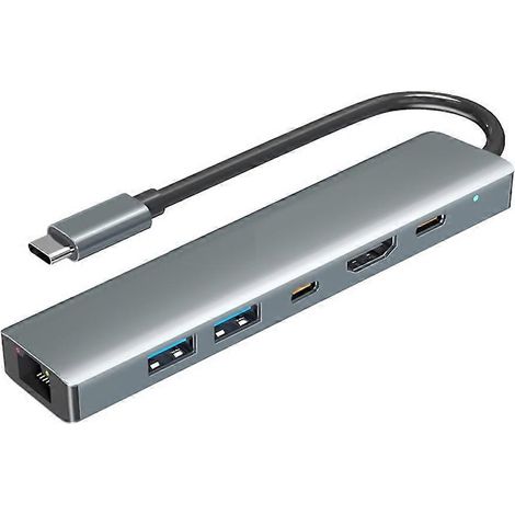 Hub USB-C 6-en-1 : connexion USB 3.0, chargeur PD 100 W, adaptateur Ethernet Gigabit pour TV, souris et clavier. Compatible avec les téléviseurs 4K HDTV. (1/5)