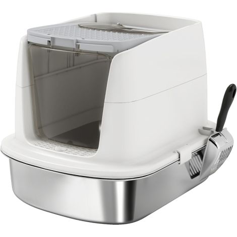 Large Enclosed Stainless Steel Cat Litter Box with Scoop,Deodorizer Bag,Front Entry,and Top Exit for Easy Cleanup.