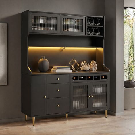 Aparador alto de cocina en MDF y vidrio con LED, estantes ajustables y botellero, negro (1/5)