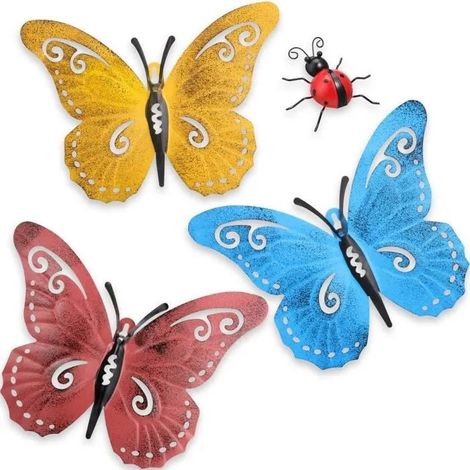 Art Mural en Métal,4 Pcs de Papillon en Métal Art Mural en Métal Décor de Coccinelles de Jardin pour Intérieur Extérieur de Mur (1/4)