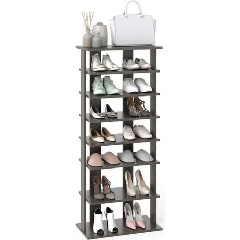 Étagère à chaussures en bois massif haute et étroite pour petits espaces de maison, étagère à chaussures verticale 7 niveaux pour entrée - gris (1/5)