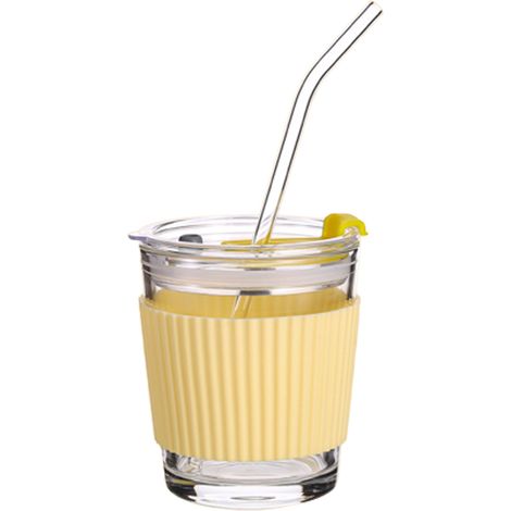 Tasse En Verre - 350 ml - Pour Café Lait Thé Jus Yogourt - Avec Paille En Verre Et Couvercle - Support En Silicone - Lot De 1 (1/5)