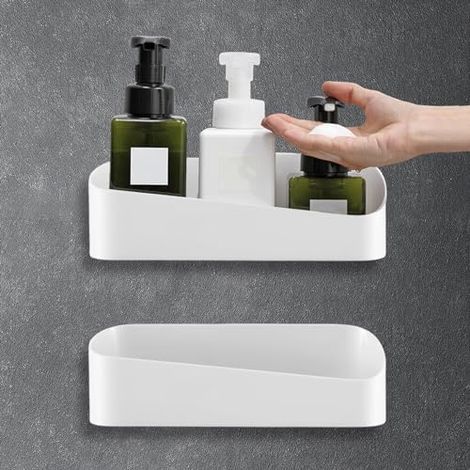 2 Pièces Étagère de Douche: Sans Perçage Détagère de Douche Support de Rangement Auto-adhésif de Chambre Salle de Bain Panier de Douche Support Mural Autocollant Plastique Rangement (Blanc) (1/4)