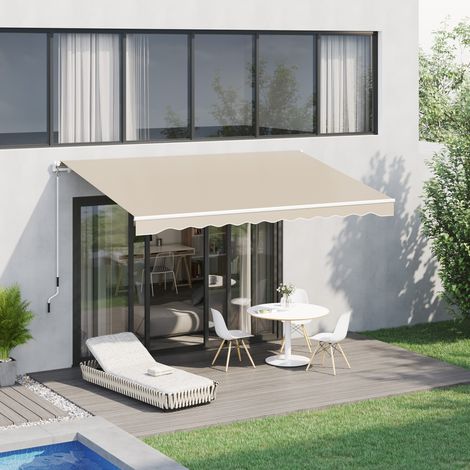Store banne manuel rétractable 395 x 245 cm store exterieur terrasse avec manivelle. angle réglable 45°-85°. aluminium et polyester 280 g/m². protection UV. auvent de terrasse. beige