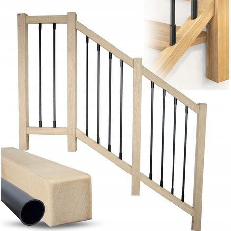 Garde-corps escalier bois frêne massif avec tubes noirs, rambarde à fixation latérale